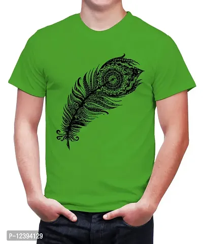 Caseria Men's Round Neck Cotton Half Sleeved T-Shirt with Printed Graphics - Peacock Feather (Parrot Green, XL)-thumb0