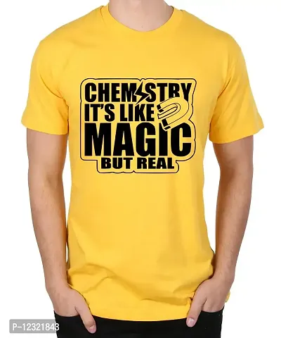 Caseria Men's Round Neck Cotton Half Sleeved T-Shirt with Printed Graphics - Chemistry It's Like Magic (Yellow, MD)