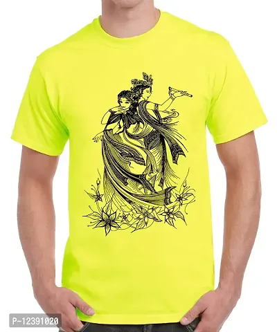 Caseria Men's Round Neck Cotton Half Sleeved T-Shirt with Printed Graphics - Krishna and Radha (Lemon Yellow, SM)