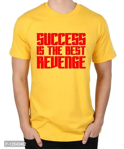 Caseria Men's Round Neck Cotton Half Sleeved T-Shirt with Printed Graphics - Success Revenge (Yellow, XL)-thumb0