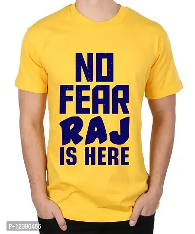 Caseria Men's Round Neck Cotton Half Sleeved T-Shirt with Printed Graphics - No Fear Raj Here (Yellow, L)-thumb0