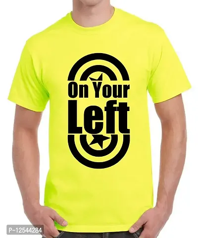 Caseria Men's Round Neck Cotton Half Sleeved T-Shirt with Printed Graphics - On Your Left (Lemon Yellow, MD)