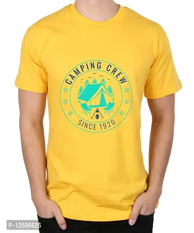 Caseria Men's Round Neck Cotton Half Sleeved T-Shirt with Printed Graphics - Sun Adventure Tree (Yellow, SM)-thumb0