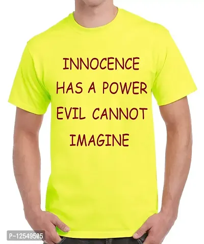 Caseria Men's Round Neck Cotton Half Sleeved T-Shirt with Printed Graphics - Innocence HAS A Power (Lemon Yellow, MD)