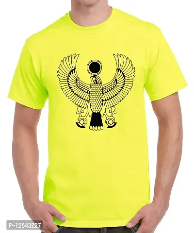 Caseria Men's Round Neck Cotton Half Sleeved T-Shirt with Printed Graphics - Egyptian Scarab Decal? (Lemon Yellow, XL)