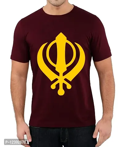 Caseria Men's Round Neck Cotton Half Sleeved T-Shirt with Printed Graphics - Sikh Khanda (Maroon, MD)