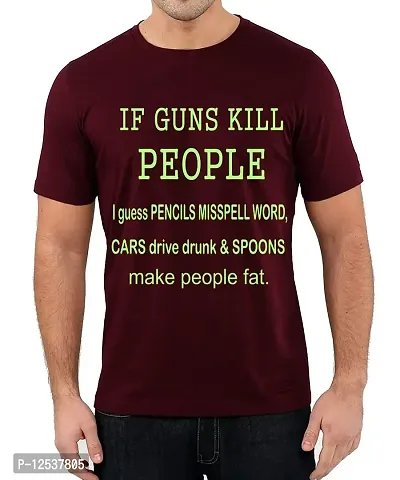 Caseria Men's Round Neck Cotton Half Sleeved T-Shirt with Printed Graphics - Guns Kill People (Maroon, MD)-thumb0