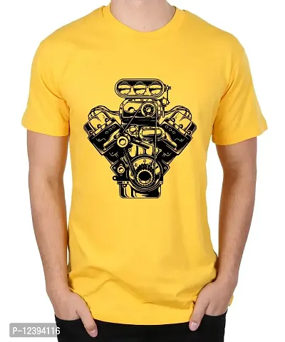 Caseria Men's Round Neck Cotton Half Sleeved T-Shirt with Printed Graphics - Heart Car Engine (Yellow, L)-thumb0