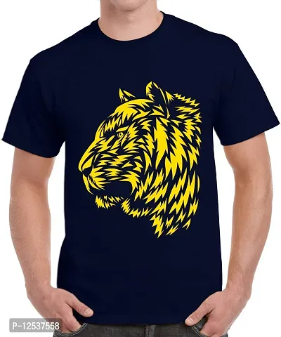 Caseria Men's Round Neck Cotton Half Sleeved T-Shirt with Printed Graphics - Tiger Pattern (Navy Blue, L)