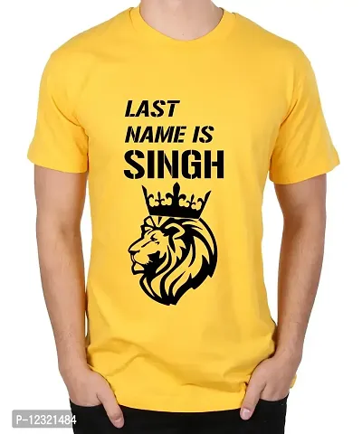 Caseria Men's Round Neck Cotton Half Sleeved T-Shirt with Printed Graphics - Last Name is Singh (Yellow, MD)-thumb0