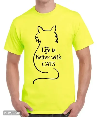 Caseria Men's Round Neck Cotton Half Sleeved T-Shirt with Printed Graphics - Life is Cats (Lemon Yellow, XL)