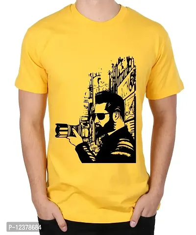 Caseria Men's Round Neck Cotton Half Sleeved T-Shirt with Printed Graphics - Hipster Photographer (Yellow, XL)-thumb0