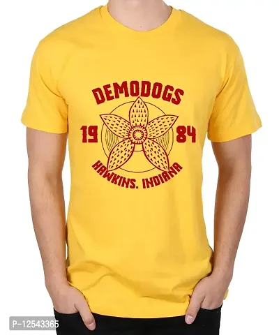 Caseria Men's Round Neck Cotton Half Sleeved T-Shirt with Printed Graphics - Demodogs Hawkins (Yellow, XXL)