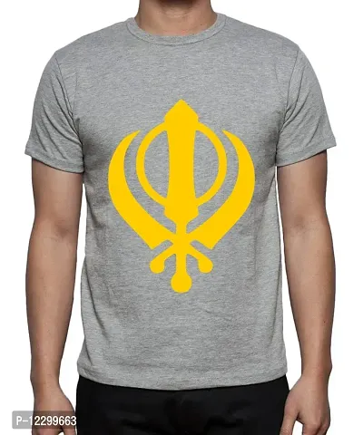 Caseria Men's Round Neck Cotton Half Sleeved T-Shirt with Printed Graphics - Sikh Khanda (Grey, XXL)-thumb0