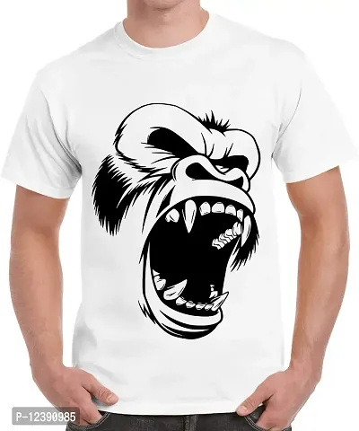 Caseria Men's Round Neck Cotton Half Sleeved T-Shirt with Printed Graphics - Gorilla Face (White, XXL)