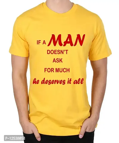 Caseria Men's Round Neck Cotton Half Sleeved T-Shirt with Printed Graphics - Man Doesn't Ask (Yellow, SM)-thumb0