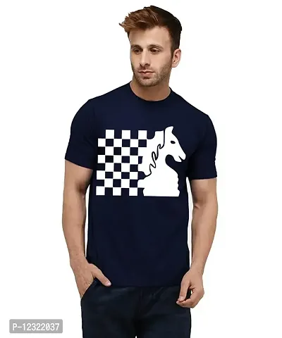 Caseria Men's Round Neck Cotton Half Sleeved T-Shirt with Printed Graphics - Knight Chess (Navy Blue, XL)-thumb0