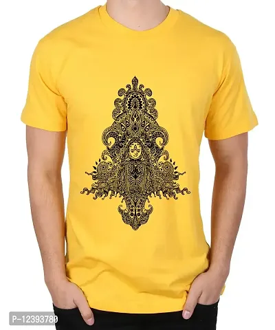 Caseria Men's Round Neck Cotton Half Sleeved T-Shirt with Printed Graphics - Devi Maa Durga (Yellow, SM)-thumb0