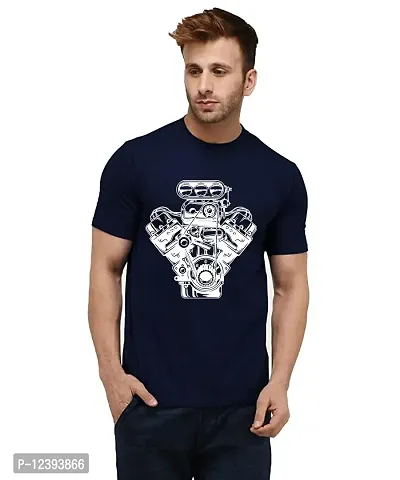 Caseria Men's Round Neck Cotton Half Sleeved T-Shirt with Printed Graphics - Heart Car Engine (Navy Blue, SM)-thumb0