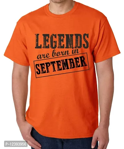 Caseria Men's Round Neck Cotton Half Sleeved T-Shirt with Printed Graphics - Legends are Born in September Pattern (Orange, L)-thumb0