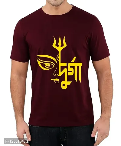 Caseria Men's Round Neck Cotton Half Sleeved T-Shirt with Printed Graphics - Durga Puja (Maroon, SM)-thumb0