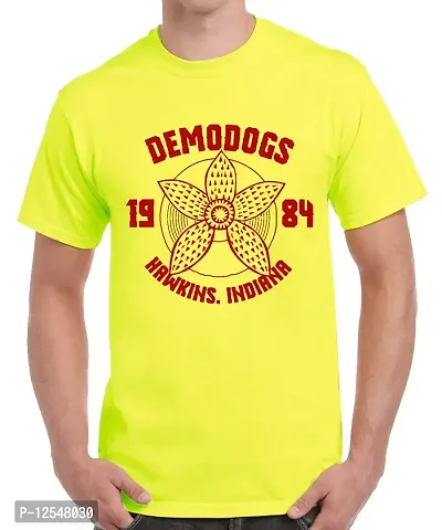 Caseria Men's Round Neck Cotton Half Sleeved T-Shirt with Printed Graphics - Demodogs Hawkins (Lemon Yellow, XL)