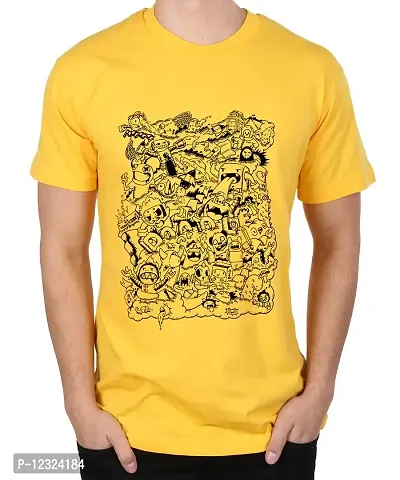 Caseria Men's Round Neck Cotton Half Sleeved T-Shirt with Printed Graphics - Doodle Cartoon (Yellow, XXL)-thumb0