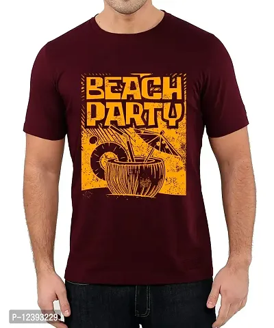 Caseria Men's Round Neck Cotton Half Sleeved T-Shirt with Printed Graphics - Beach Party (Maroon, XL)-thumb0