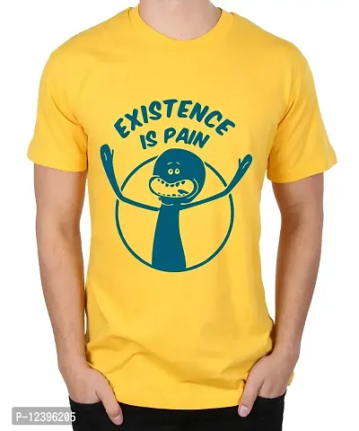 Caseria Men's Round Neck Cotton Half Sleeved T-Shirt with Printed Graphics - Existence is Pain (Yellow, XL)-thumb0