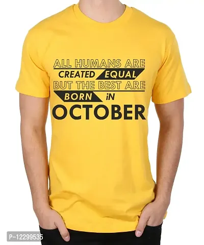 Caseria Men's Round Neck Cotton Half Sleeved T-Shirt with Printed Graphics - Best Born in October Pattern (Yellow, L)