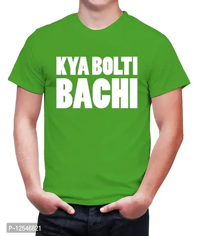 Caseria Men's Round Neck Cotton Half Sleeved T-Shirt with Printed Graphics - Kya Bolti Bachi (Parrot Green, L)-thumb0