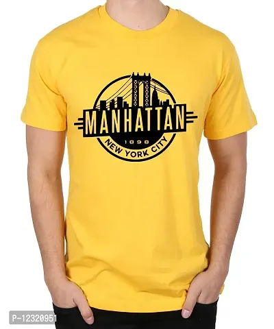 Caseria Men's Round Neck Cotton Half Sleeved T-Shirt with Printed Graphics - Manhattan Ny (Yellow, MD)-thumb0