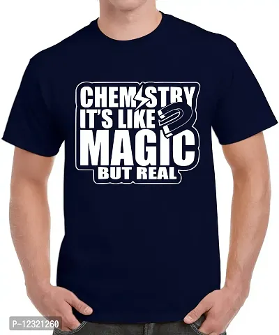 Caseria Men's Round Neck Cotton Half Sleeved T-Shirt with Printed Graphics - Chemistry It's Like Magic (Navy Blue, SM)