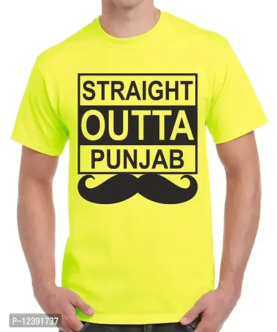 Caseria Men's Round Neck Cotton Half Sleeved T-Shirt with Printed Graphics - Straight Outta Punjab (Lemon Yellow, MD)-thumb0