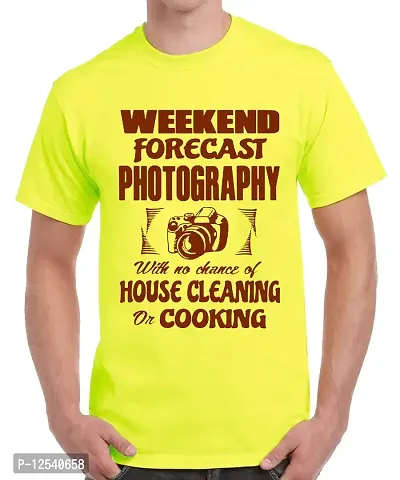 Caseria Men's Round Neck Cotton Half Sleeved T-Shirt with Printed Graphics - Weekend Forecast Photography (Lemon Yellow, L)