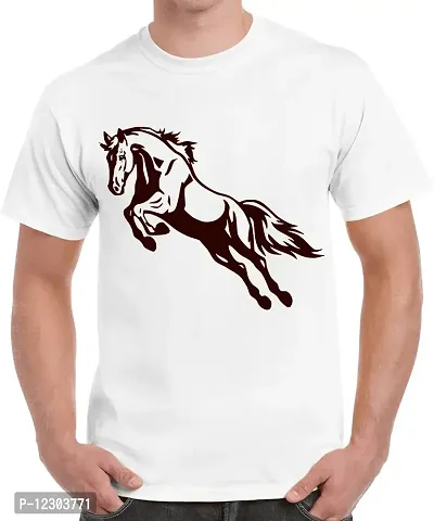 Caseria Men's Round Neck Cotton Half Sleeved T-Shirt with Printed Graphics - Race Horse (White, XXL)-thumb0