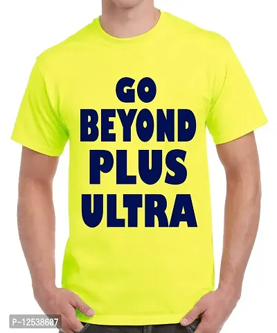 Caseria Men's Round Neck Cotton Half Sleeved T-Shirt with Printed Graphics - Go Beyond Plus (Lemon Yellow, SM)