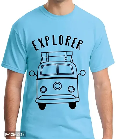 Caseria Men's Round Neck Cotton Half Sleeved T-Shirt with Printed Graphics - Explorer (Sky Blue, L)