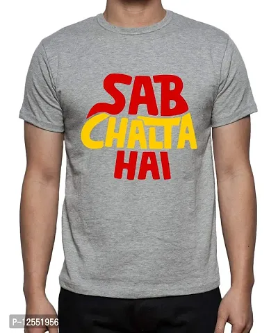 Caseria Men's Round Neck Cotton Half Sleeved T-Shirt with Printed Graphics - Sab Chalta Hai (Grey, XL)-thumb0