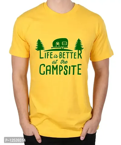 Caseria Men's Round Neck Cotton Half Sleeved T-Shirt with Printed Graphics - Better at The Campsite (Yellow, XL)-thumb0