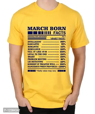 Caseria Men's Round Neck Cotton Half Sleeved T-Shirt with Printed Graphics - March Born Facts (Yellow, XL)-thumb0