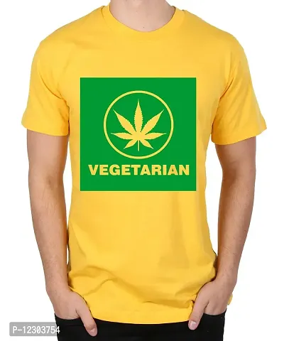 Caseria Men's Round Neck Cotton Half Sleeved T-Shirt with Printed Graphics - Weed Vegetarian (Yellow, XL)