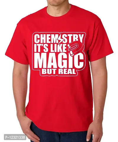 Caseria Men's Round Neck Cotton Half Sleeved T-Shirt with Printed Graphics - Chemistry It's Like Magic (Red, XXL)