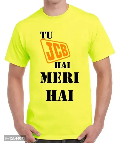 Caseria Men's Round Neck Cotton Half Sleeved T-Shirt with Printed Graphics - Meri Hai (Lemon Yellow, XL)-thumb0