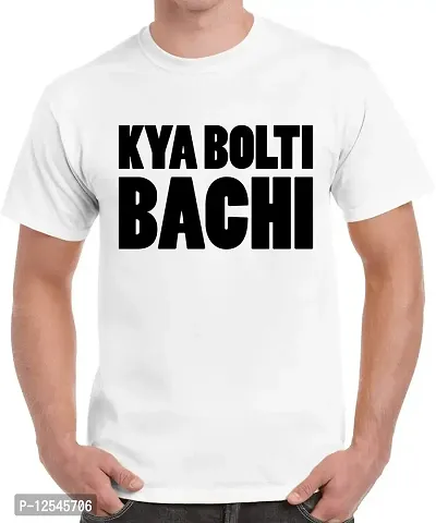 Caseria Men's Round Neck Cotton Half Sleeved T-Shirt with Printed Graphics - Kya Bolti Bachi (White, L)