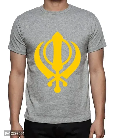 Caseria Men's Round Neck Cotton Half Sleeved T-Shirt with Printed Graphics - Sikh Khanda (Grey, L)