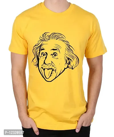 Caseria Men's Round Neck Cotton Half Sleeved T-Shirt with Printed Graphics - LOL Einstein (Yellow, XXL)-thumb0