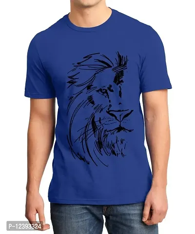 Caseria Men's Round Neck Cotton Half Sleeved T-Shirt with Printed Graphics - Lion Face (Royal Blue, SM)-thumb0