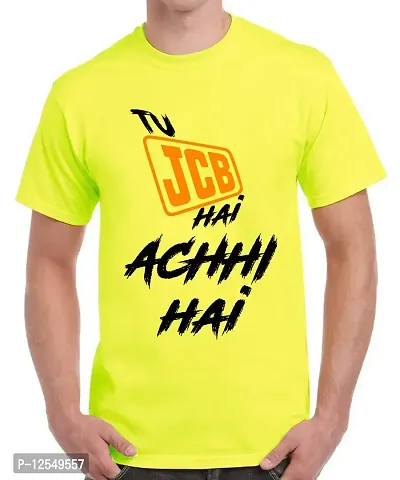 Caseria Men's Round Neck Cotton Half Sleeved T-Shirt with Printed Graphics - Achhi Hai (Lemon Yellow, L)-thumb0