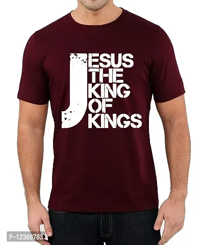 Caseria Men's Round Neck Cotton Half Sleeved T-Shirt with Printed Graphics - Jesus The King of Kings (Maroon, MD)-thumb0